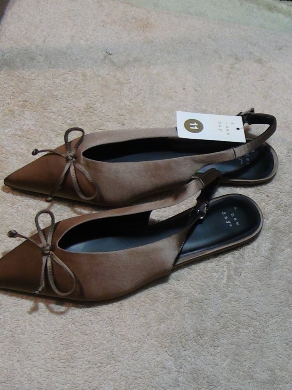 Women Camille Satin Pointed Toe Slingback Bow Flats A New Day Size 11 Taupe